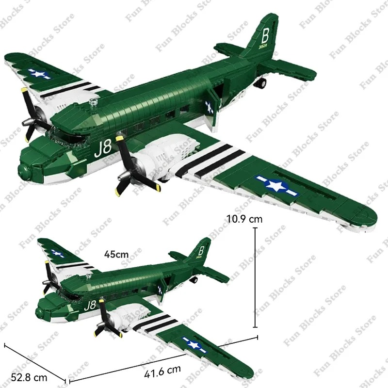 Hand Plane Block - WW2เครื่องบินขนส่งทางทหารของสหรัฐบล็อกตัวต่อเครื่องบินรบสุดสร้างสรรค์อิฐเครื่องบินจำลอง C-47ของเล่นแบบทำมือของขวัญสำหรับเด็ก
