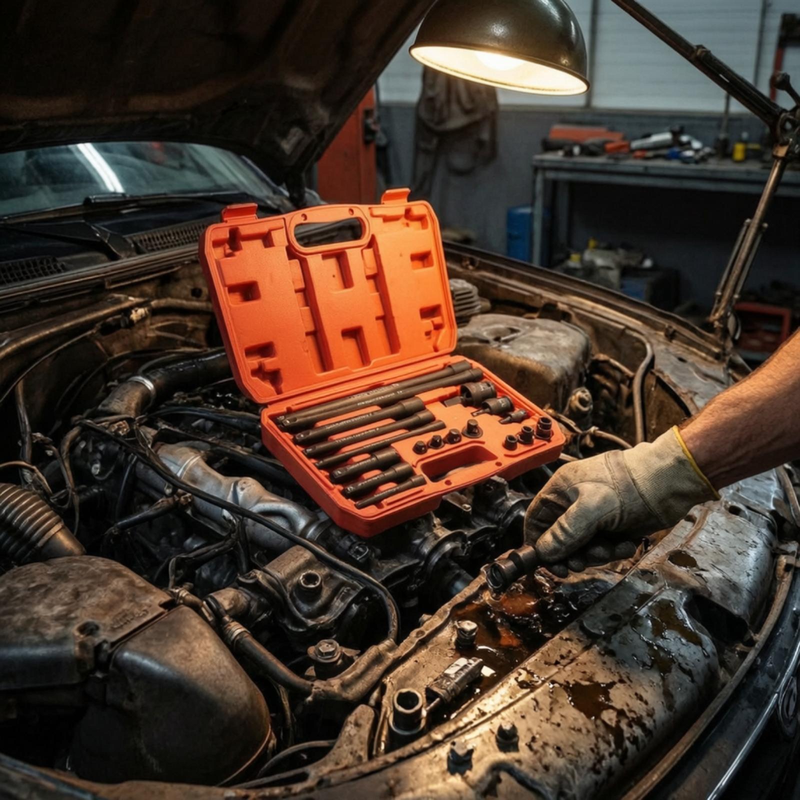 Tools For Garage - ชุดประแจกระแทก 18 ชิ้น พร้อมก้านต่อขยาย ข้อต่ออเนกประสงค์ และกล่องเก็บสำหรับชุดเครื่องมือช่างยนต์ในโรงรถ