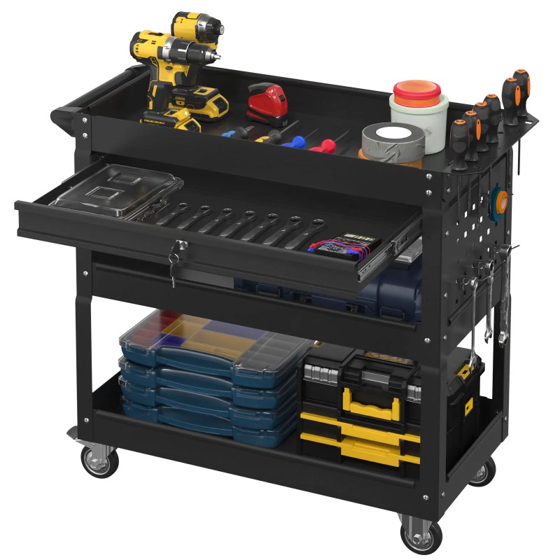 Workshop Garage Tools Manufacturer - รถเข็นเครื่องมือ 3 ชั้นแบบมีล้อ สำหรับงานหนัก พร้อมลิ้นชักและแผงแขวนอุปกรณ์ รถเข็นเครื่องมือเคลื่อนที่สำหรับจัดระเบียบในโรงรถ
